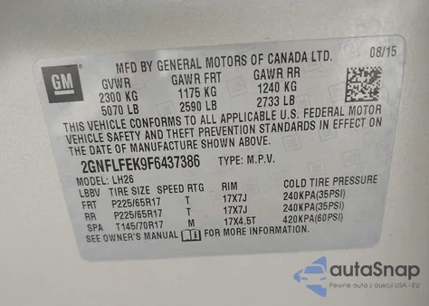 2015 Chevrolet Equinox 1Lt из США, поврежденный, VIN 2GNFLFEK9F6437386